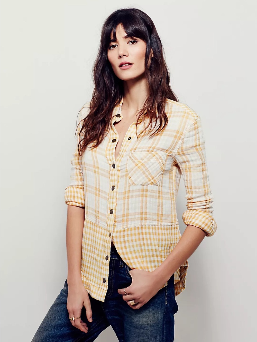 Free People Lyndsy Buttondown Shirt Plaid Mixed Gingham Cotton Yellow Medium